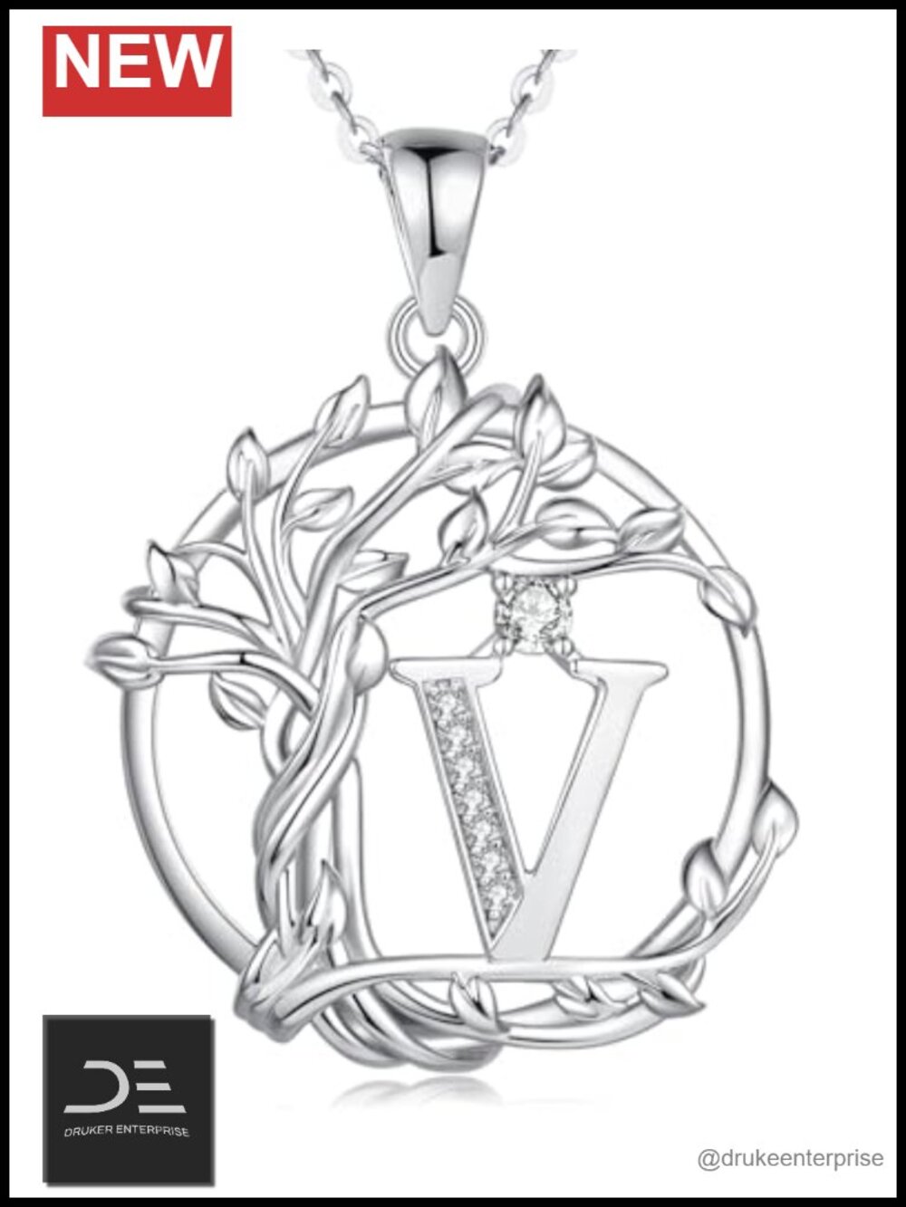 Sterling Silver Personalized Initial Tree of Life Pendant Necklace CZ Crystal